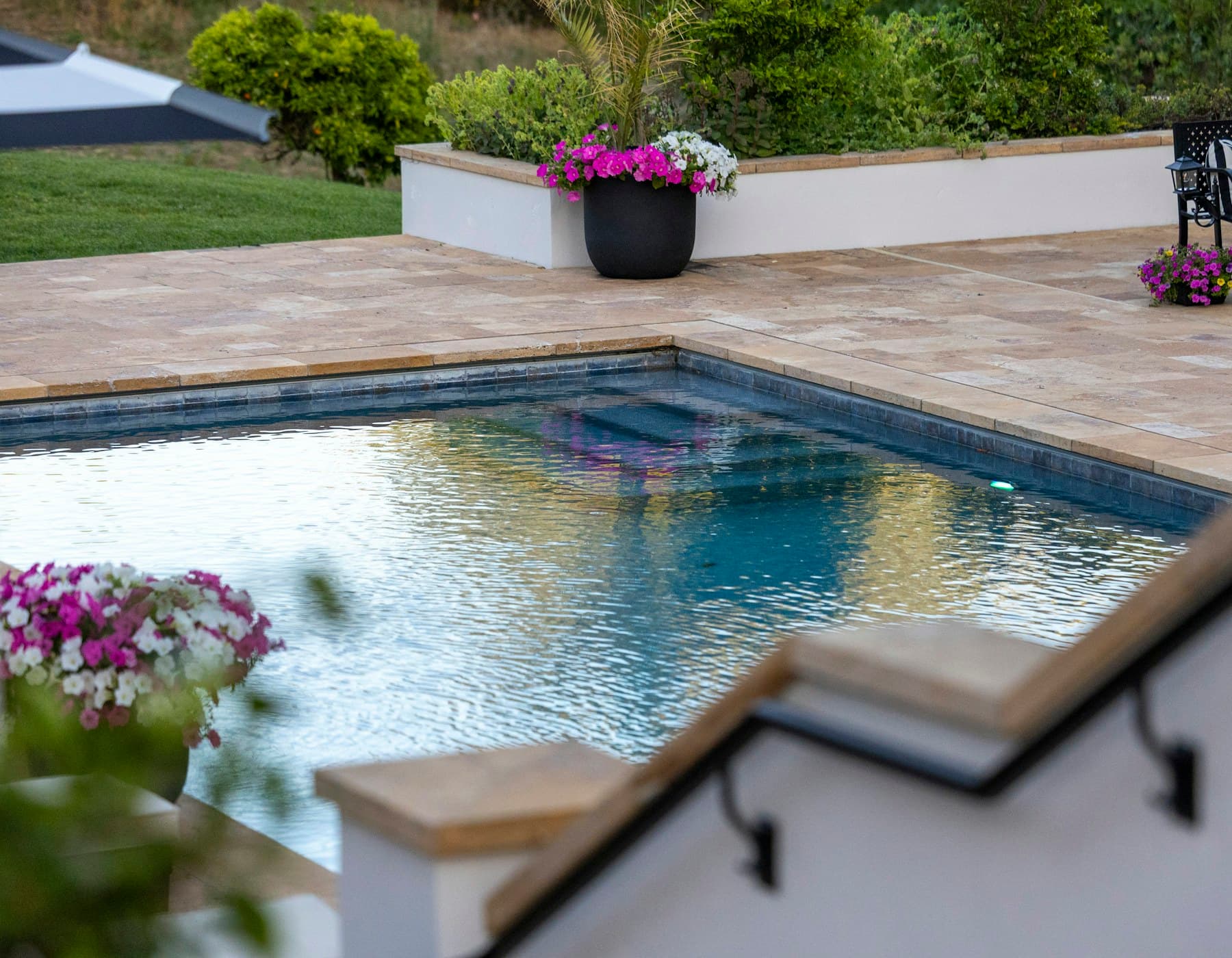 An outdoor swimming pool edged by patio paving and flowering planters