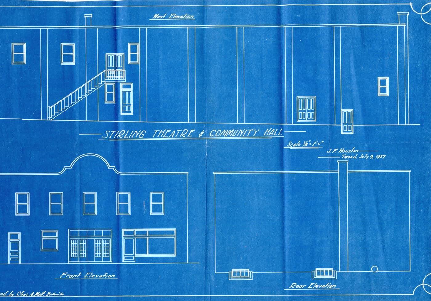 A architectural blueprint drawing of a building elevation