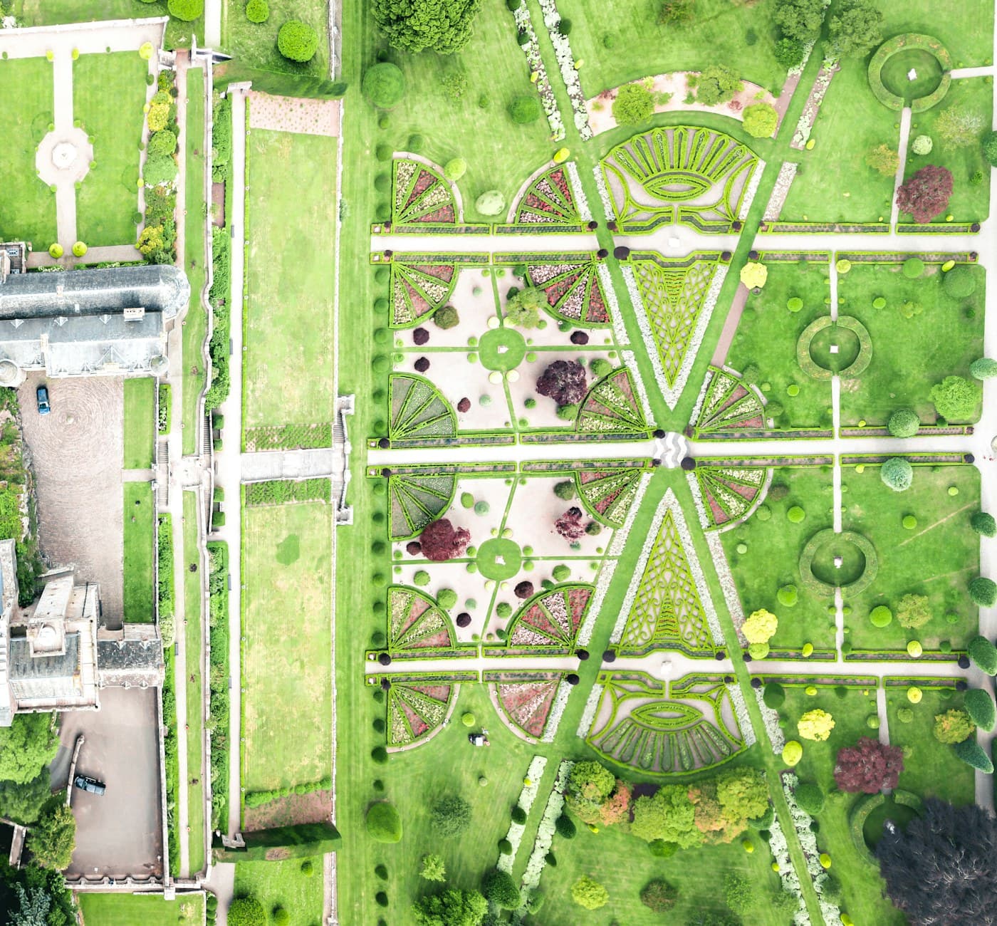 Aerial view of a formal garden laid out in geometric beds